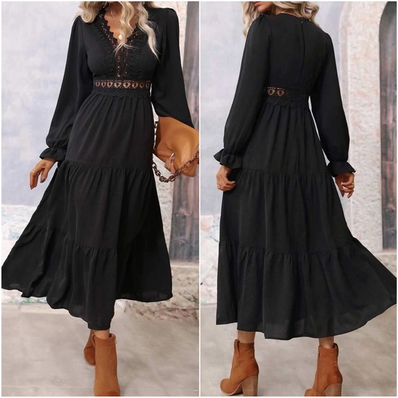 Classic V neck Black Lace Ruffle Maxi Dress - Picture 3 of 3